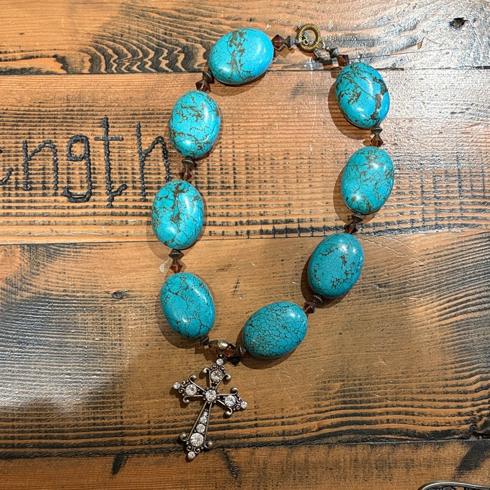 Turquoise Beaded Necklace with Cross Pendant